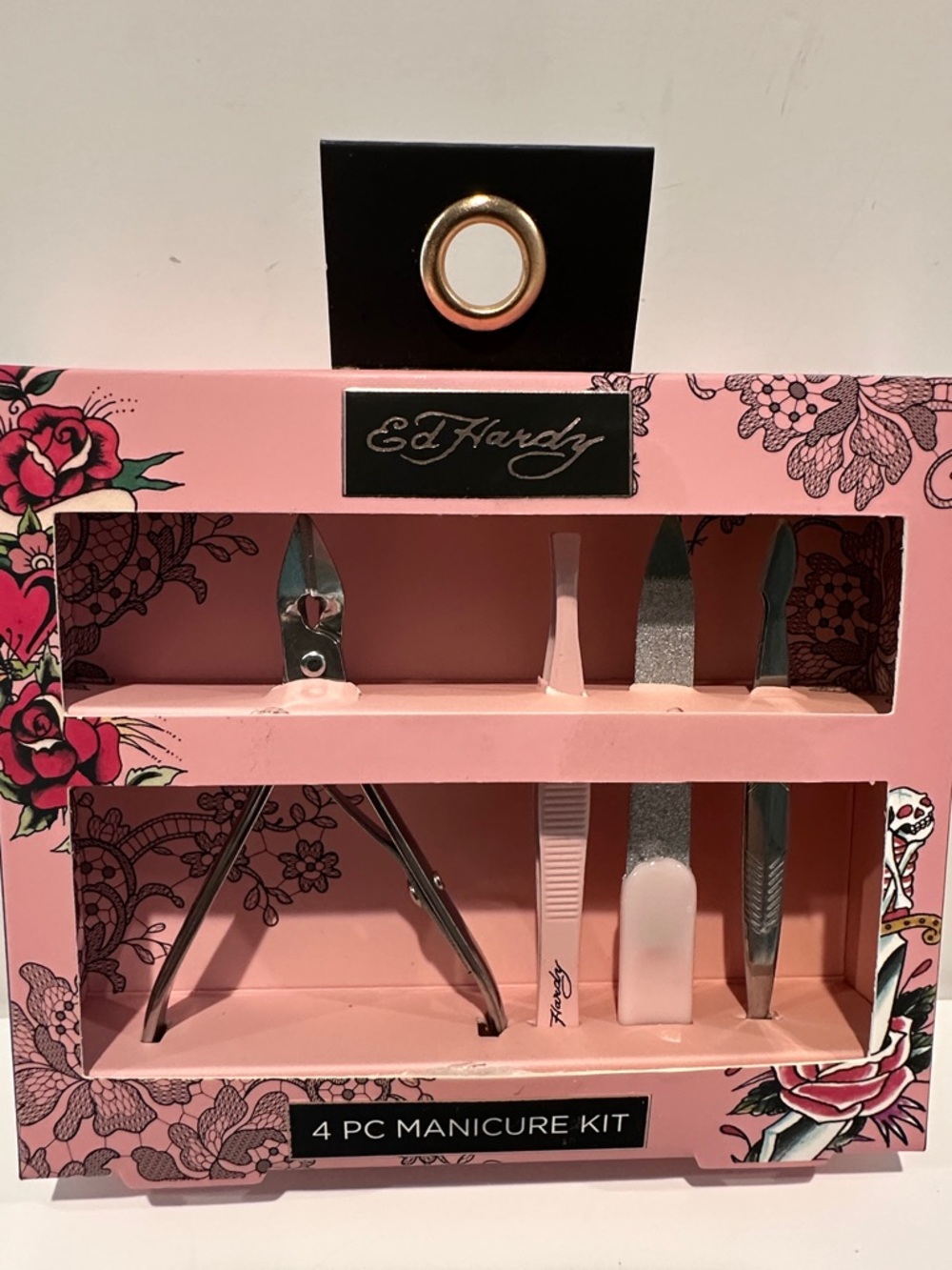 Ed Hardy 4 PC Manicure Kit with Nail File, Cuticle Nipper & Pusher, Tweezer, etc